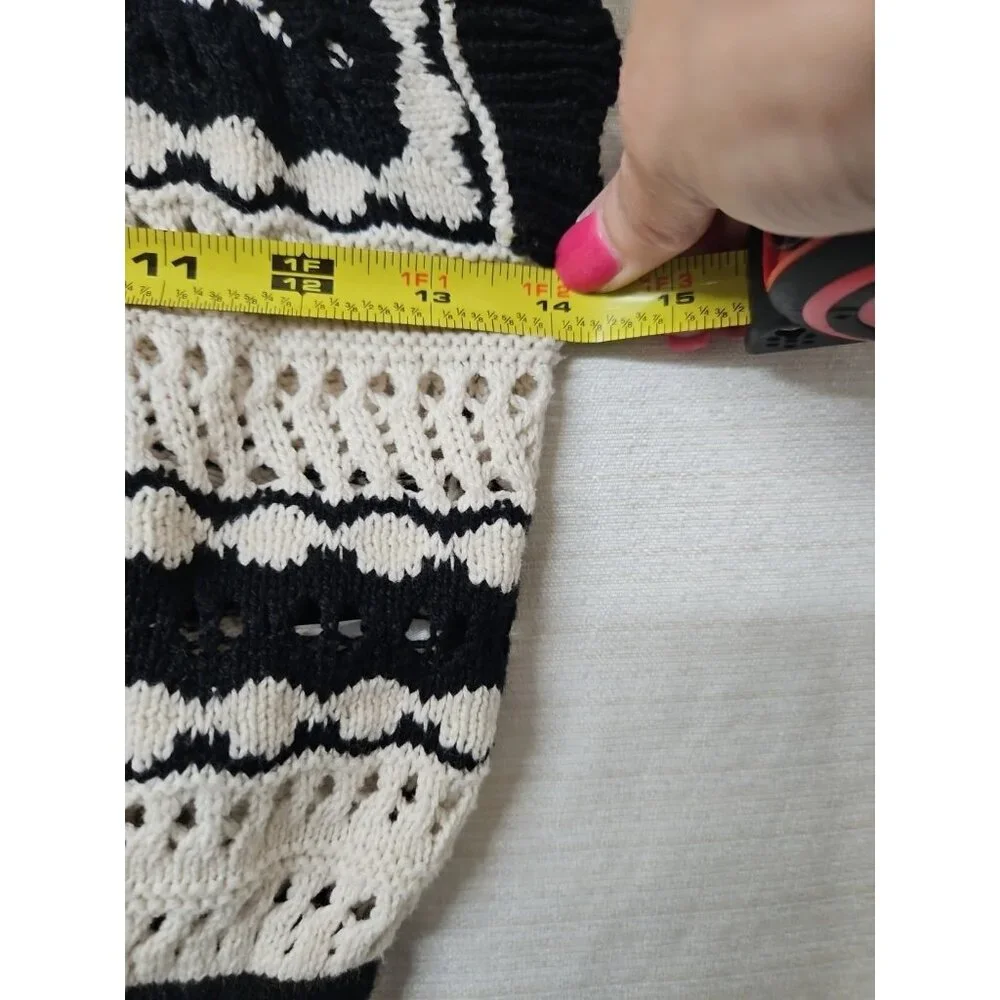 Womens Sz Small Freshman 1996 Cropped Crochet Sweater Black Cream Boho Festival